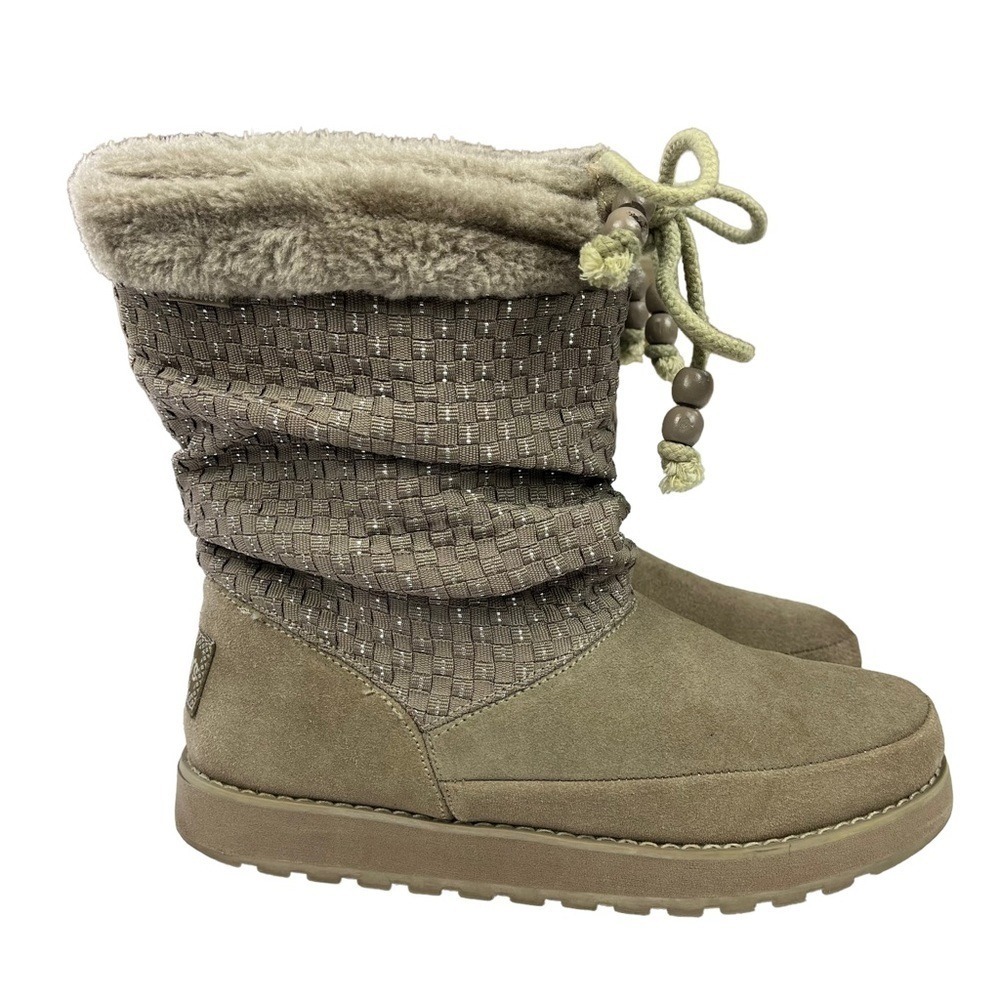 Skechers Keepshake Slouch Boots Womens 8‎ Taupe Suede Faux Fur Lined Woven Shaft